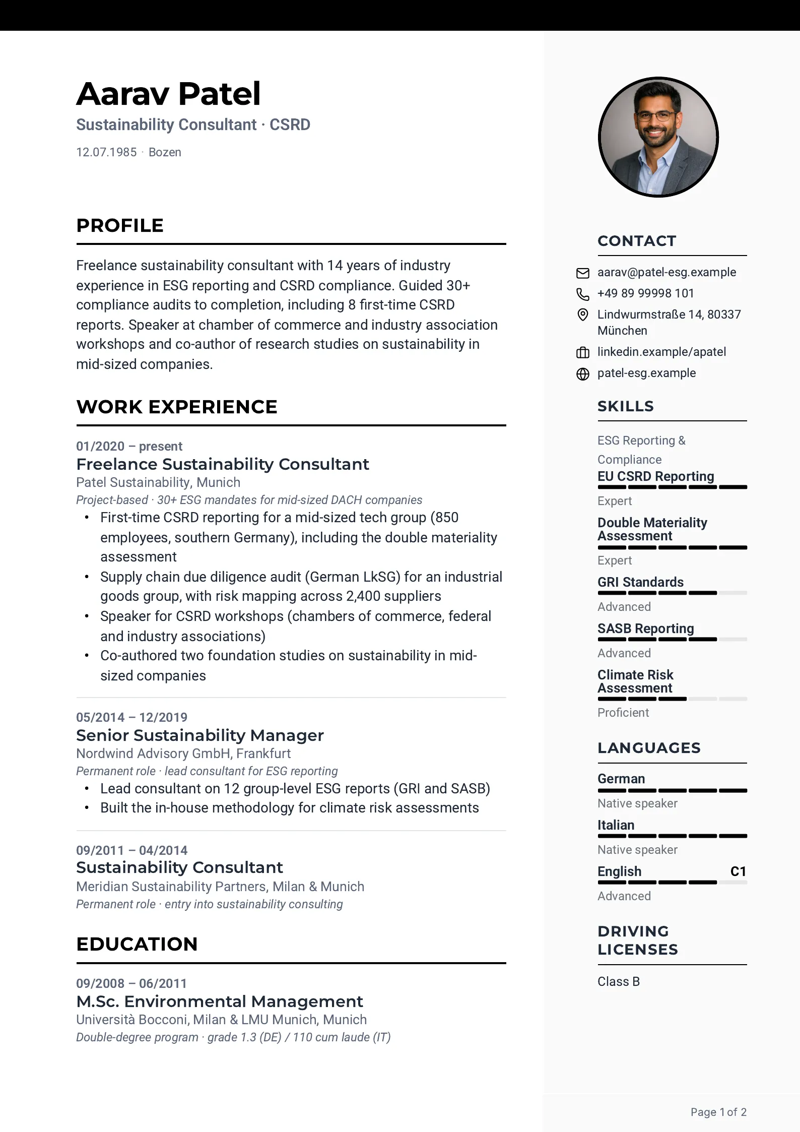 CV preview in the Layout Editor: CV of Aarav Patel (Sustainability Consultant) in the “Simple” layout, with profile, work experience and education, and contact, skills, languages and driving licenses in the sidebar on the right.