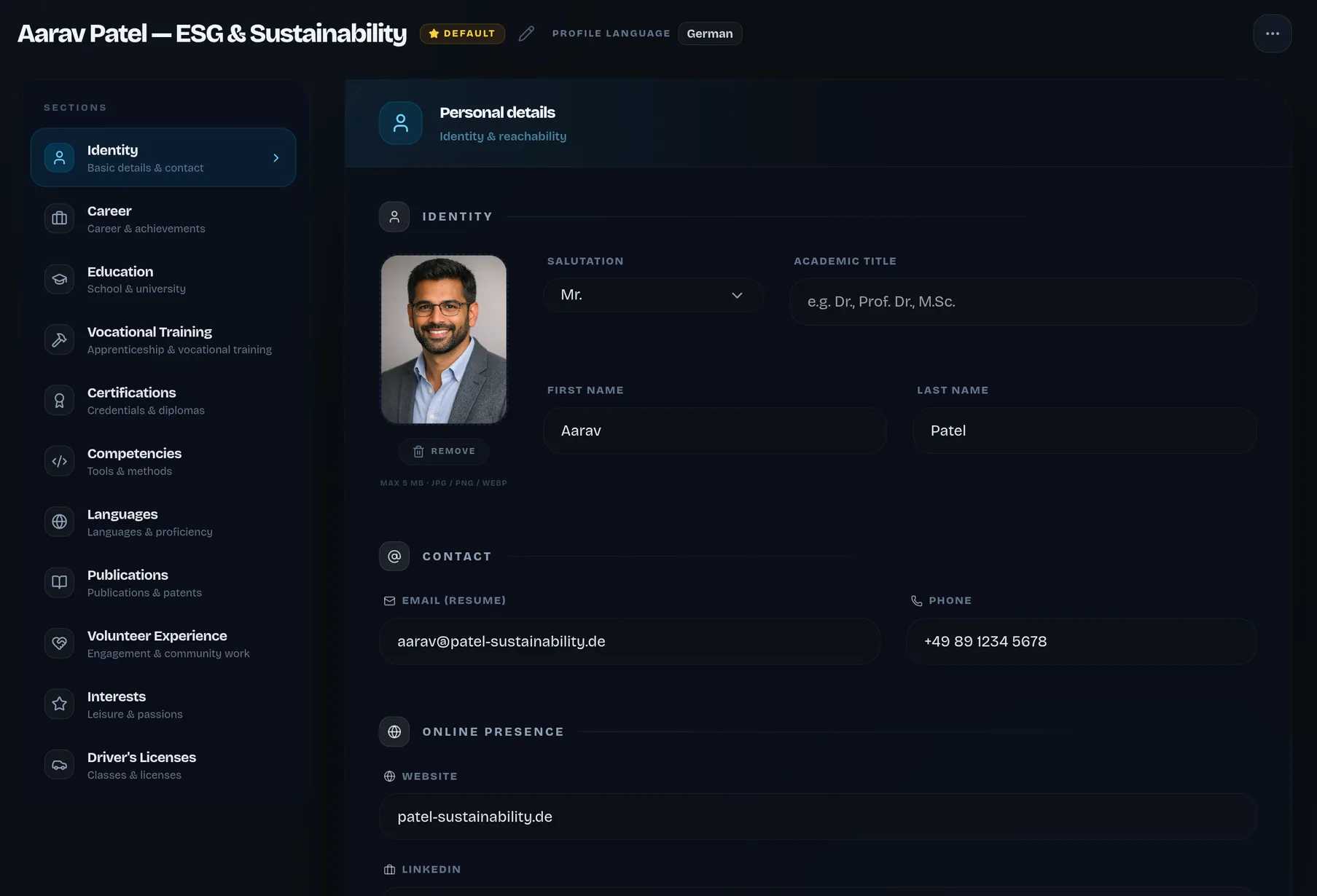 JACVault profile editor: section sidebar (identity, career, education, skills) and Aarav Patel’s “Personal details” card with photo, salutation, first and last name, and contact details.