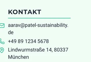 Vergrößerter Kontaktblock aus derselben Seite: die Adresse aarav@patel-sustainability.de endet in der ersten Zeile nach dem Punkt, das „de“ steht allein in der zweiten Zeile. Darunter Telefonnummer und Anschrift.
