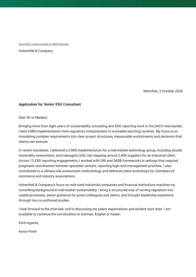 Detail of a cover letter in the same “Calm” layout: the same green accent bar, recipient block, right-aligned date and bold subject