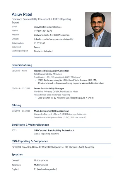 Example of a German tabular CV rendered with JACVault: personal-data block with photo at the top, then work experience, education, certificates, and skills and languages with named levels