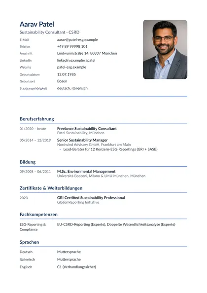 Example of a German tabular CV rendered with JACVault: personal-data block with photo at the top, then work experience, education, certificates, and skills and languages with named levels
