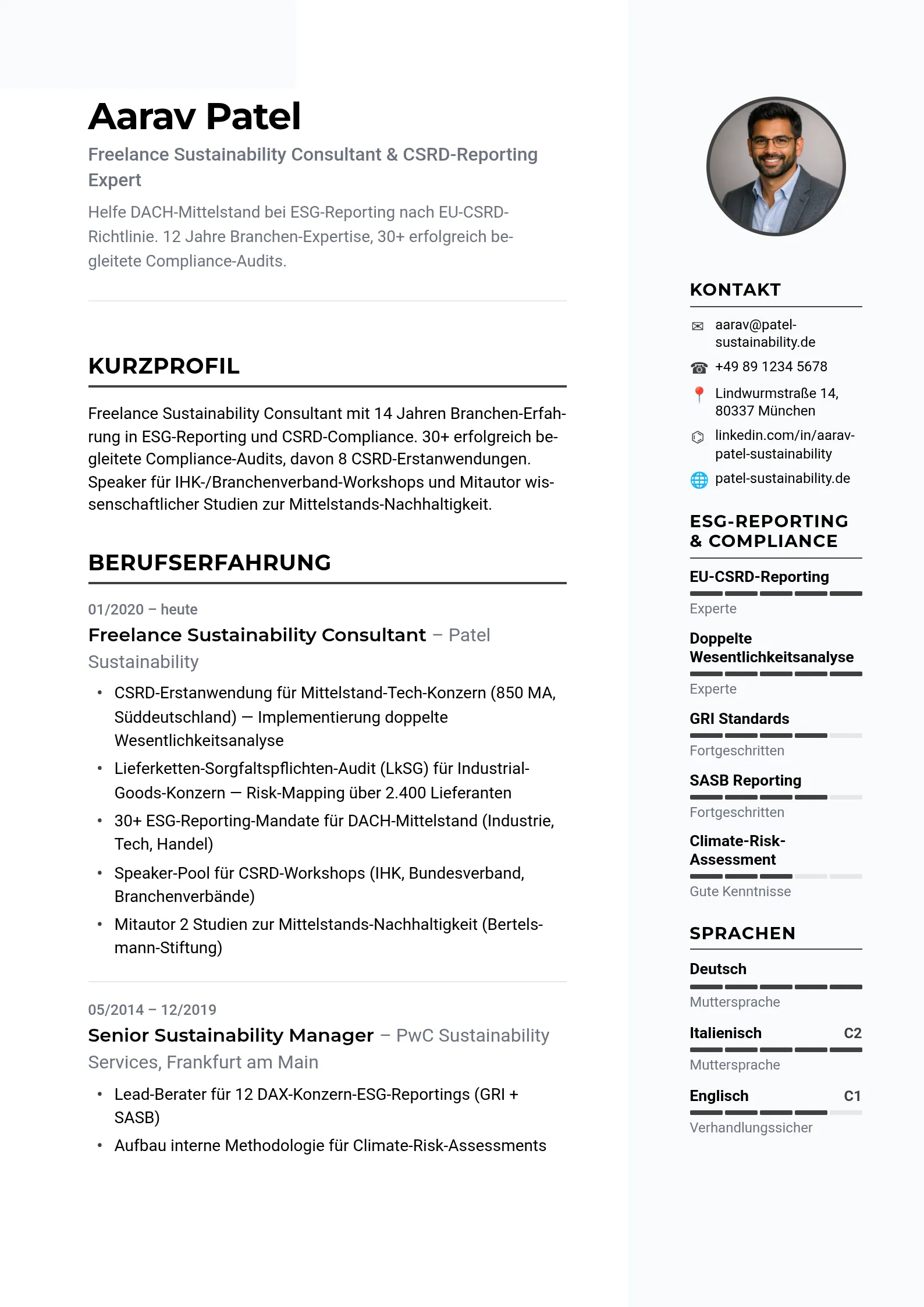 Vorschau der Lebenslauf-Vorlage Profil-Sidebar — Sidebar · Foto · Skills