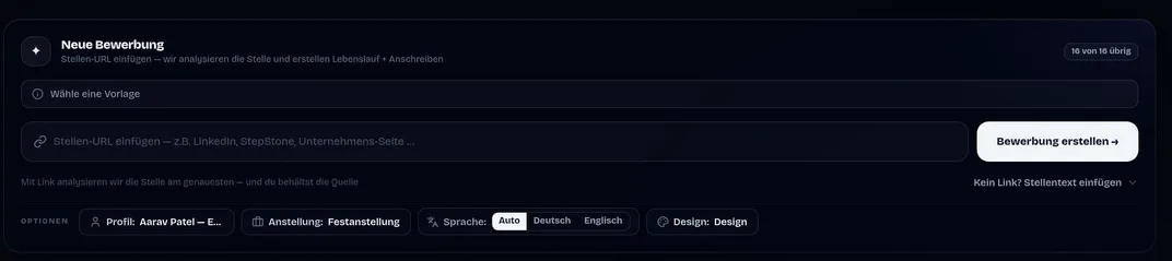 New-application panel: paste the job URL with options for profile, employment type, language and design