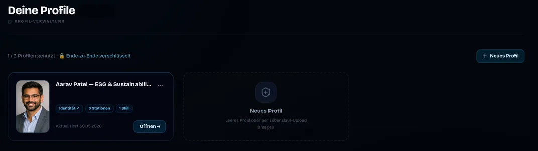 Profile management: profile card with identity, roles and skills