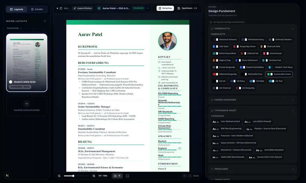 CV Studio: A4 live page with a green accent bar, the layout gallery on the left, color-palette and typography controls on the right