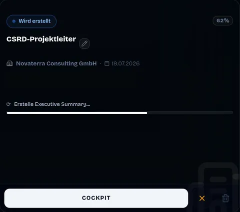 Application card in the “being created” state, 62 %, current step “Building the executive summary”, with a cockpit button