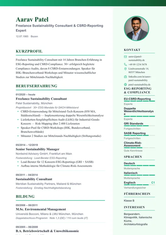 Optimized CV with a short profile at the top and a green accent bar