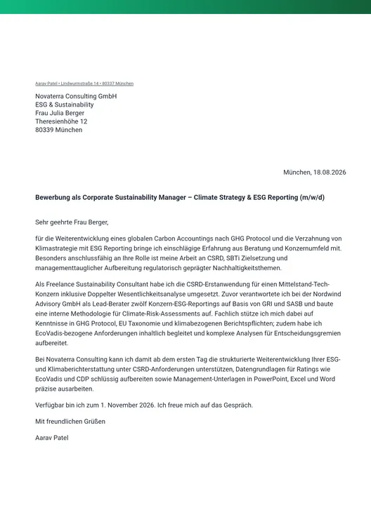 Individual cover letter in the same layout, set to DIN 5008, identical green accent bar