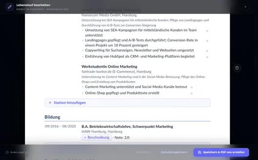 CV editor: edit the document directly, with “Save & rebuild PDF”